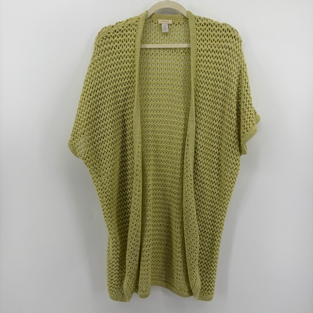 Chicos Open Knit Kimono Cardigan Sweater Yellow Green Short Sleeve Size 2 / US L